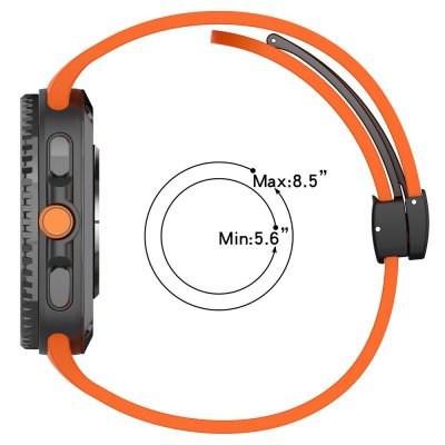 Illustration av magnetisk låsfunktion på Galaxy Watch 8 40mm silikonarmband, orange variant som exempel