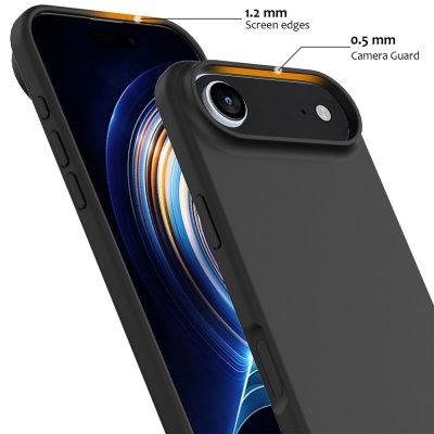 Närbild på svart iPhone 17 Air skal med upphöjda kanter runt skärmen och kameran för extra skydd