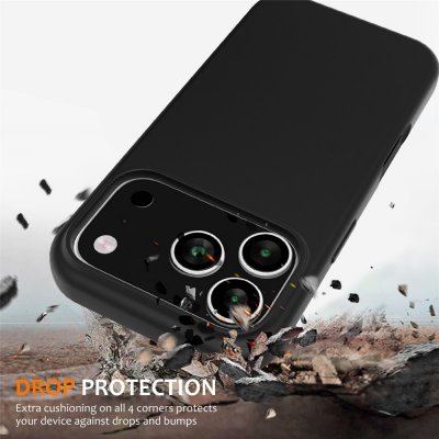 iPhone 17 Pro svart skal med stötskydd, visat vid vattentålig och dammsäker funktion