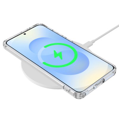 Samsung Galaxy S26 Ultra med genomskinligt MagSafe-skal under trådlös laddning