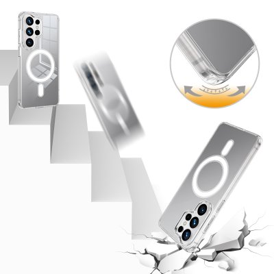 Exploderad vy av transparent MagSafe-skal till Galaxy S26 Ultra – materiallager