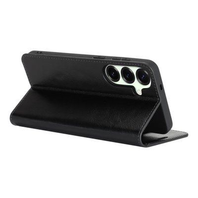 Galaxy S26 svart plånboksfodral i äkta läder – skyddande fodral med stativläge