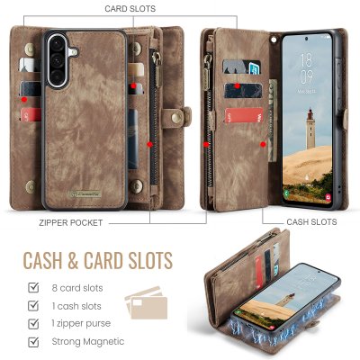öppet caseme plånboksfodral brun för samsung galaxy a17 med kortfack och dragkedja