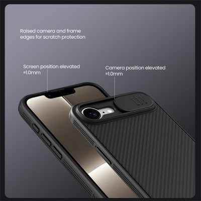 Närbild på Nillkin CamShield iPhone 17e skal kameraskyddets räfflade struktur