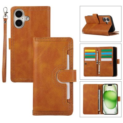 Plånboksfodral Multi-Slot till iPhone 17 cognac – fullständig visning med innehåll
