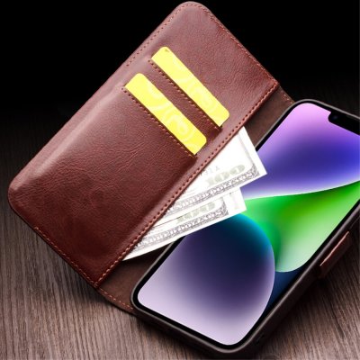 Köp Qialino Leather Wallet Case iPhone 14 Cognac Online