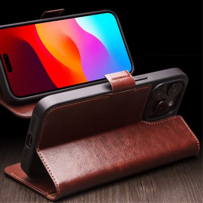Köp Qialino Leather Wallet Case iPhone 15 Cognac Online