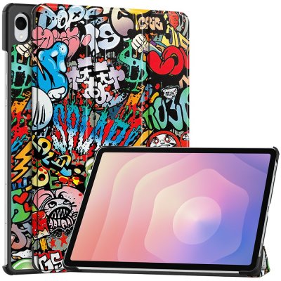 Samsung Galaxy Tab S11 Tri-fold fodral med färgglatt graffiti-motiv i stativläge