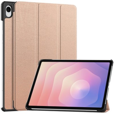Samsung Galaxy Tab S11 med rosa Tri-fold fodral i stativläge