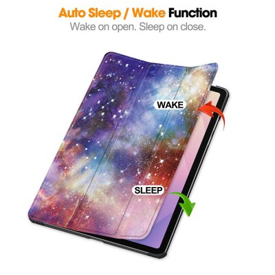 Tri-fold fodral till Galaxy Tab S11 med galaxmotiv i lila och blå nyanser