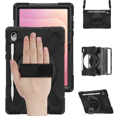 Svart hybridskal till Galaxy Tab S11 med handrem och tillbehör