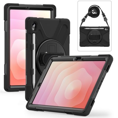 Robust svart skal till Samsung Galaxy Tab S11 med flerfunktionsstöd