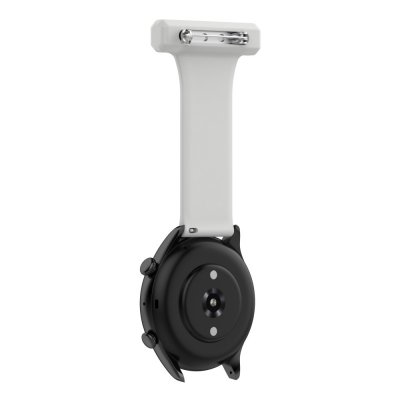 Ljusgrå sjuksköterskerem monterad på svart Garmin Vivoactive 4