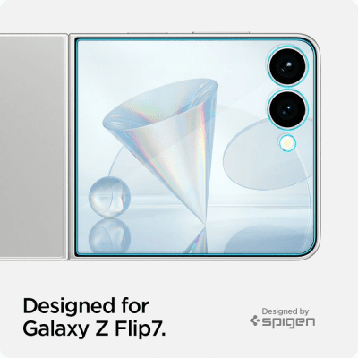 Förpackningsbild av Spigen Galaxy Z Flip 7 GLAS.tR EZ Fit 2-Pack – framhäver produktens innehåll och kompatibilitet.