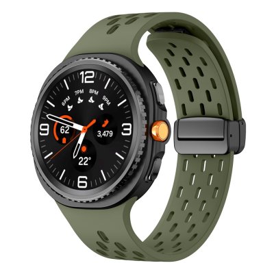 Framsida av Galaxy Watch 8 44mm med grönt silikonarmband för sport och vardag