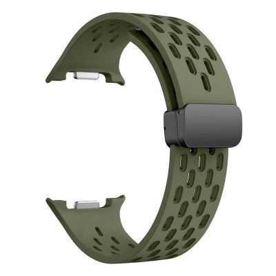 Sido- och toppvy på grönt ventilerat silikonarmband till Samsung Galaxy Watch 8 Classic