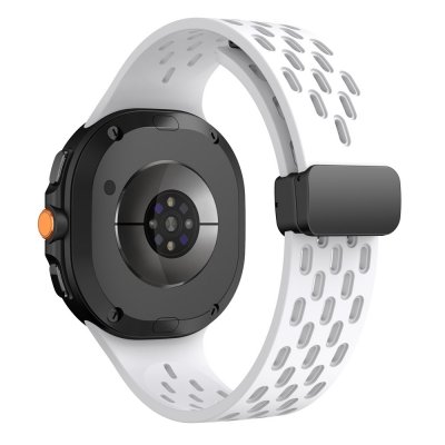 Baksida av Samsung Galaxy Watch 8 44mm med vitt sportarmband i silikonmaterial