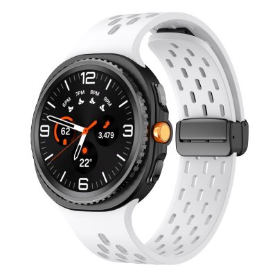 Samsung Galaxy Watch 8 Classic med vit perforerad silikonrem – vy framifrån