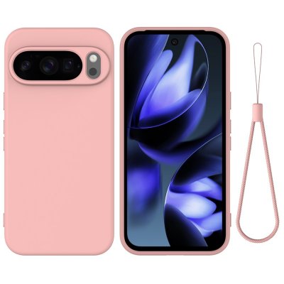Rosa silikonskal med handledsrem för Google Pixel 10 Pro XL – komplett visning med enhet