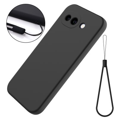 Google Pixel 10a svart silikonskal med handledsrem – praktiskt och säkert grepp