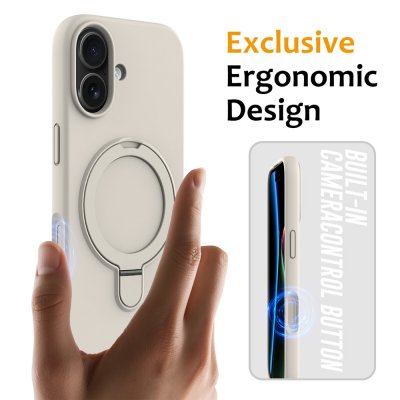 iPhone 17 silikonskal beige – ergonomiskt grepp och magnetring visas i handen