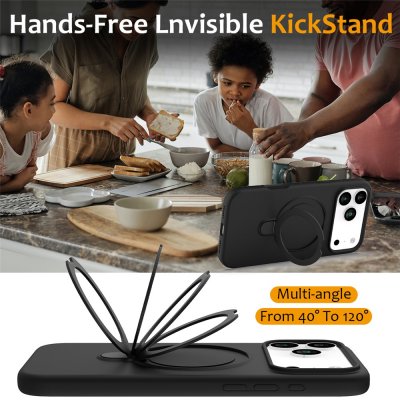Svart silikonskal med inbyggt kickstand till iPhone 17 Pro Max – i liggande visningsläge