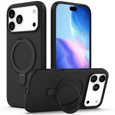 Svart silikonskal till iPhone 17 Pro med MagSafe och 120° ringstöd – visning av fram- och baksida