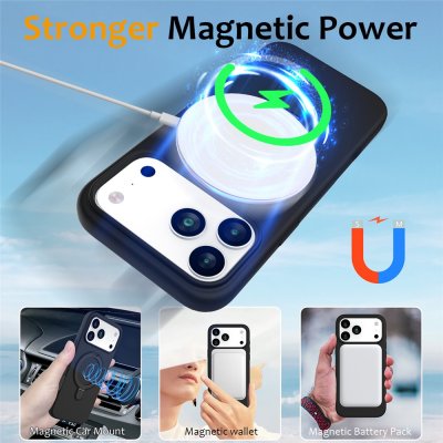 Magnetfunktion och MagSafe-kompatibilitet i svart kickstandskal för iPhone 17 Pro