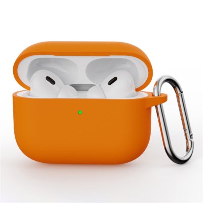 Orange silikonskal med karbinhake till Apple AirPods Pro 3 – stark färg och stöttåligt skydd