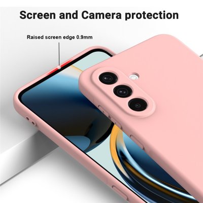 Upphöjda kanter runt kameran och skärmen i ett rosa Samsung Galaxy A17 mobilskal