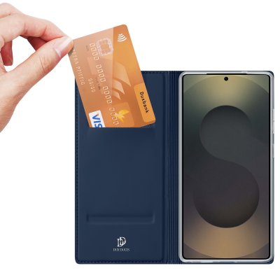 Blått Dux Ducis fodral med kortfack till Galaxy S26 Ultra, öppen insida