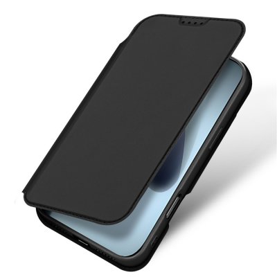 Öppen vy av svart Dux Ducis Skin Pro Series fodral för iPhone 17 Pro Max – visning av kortfack och stativfunktion