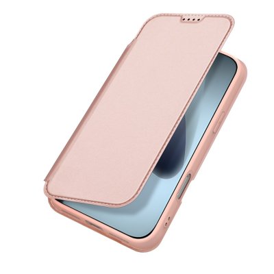 Rosa fodral till iPhone 17 Pro i halvöppet läge som visar den tunna designen.
