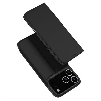 Svart Dux Ducis Skin Pro Series fodral stängt och liggande på iPhone 17 Pro – elegant och tunn design.