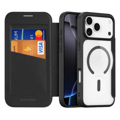 Fodral öppet med kortfack och plats för ID-kort, svart design för iPhone 17 Pro.