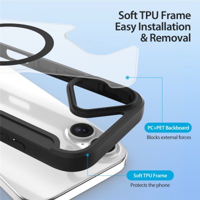Närbild på MagSafe-ringen på baksidan av svart fodral för iPhone 17.