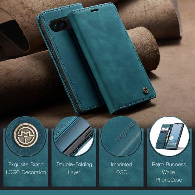 Närbild på material och struktur på blått CaseMe Slim fodral Google Pixel 10a
