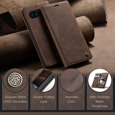 Närbild på material och struktur på CaseMe Slim fodral Google Pixel 10a brun