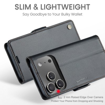 magnetisk stängning med RFID-skydd i svart plånboksfodral till iPhone 17 Pro Max