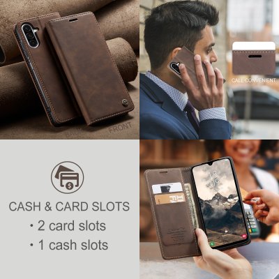 Elegant brunt mobilfodral från CaseMe i användning – Samsung Galaxy A17