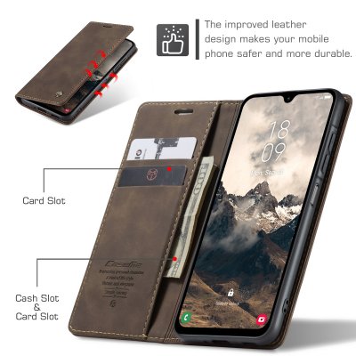 Galaxy A37 placerad i brunt plånboksfodral CaseMe Slim i visningsläge
