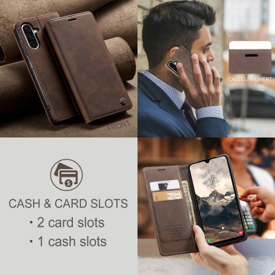 Brunt plånboksfodral CaseMe Slim till Galaxy A37 i vardagsmiljö