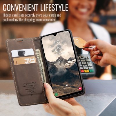 Helskärmsvy av Samsung Galaxy A37 skyddad av brunt CaseMe Slim fodral