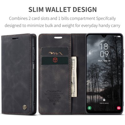 Svart CaseMe Slim fodral till Galaxy A37 sett bakifrån på plan yta