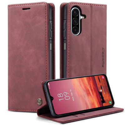 Samsung Galaxy A57 med CaseMe Slim plånboksfodral i djupröd finish