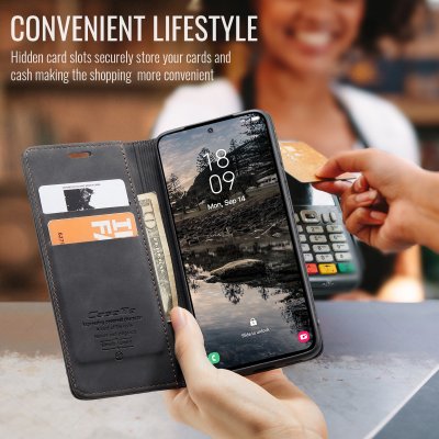 CaseMe plånboksfodral i svart med praktiska egenskaper och handgrepp för Samsung Galaxy S25 FE