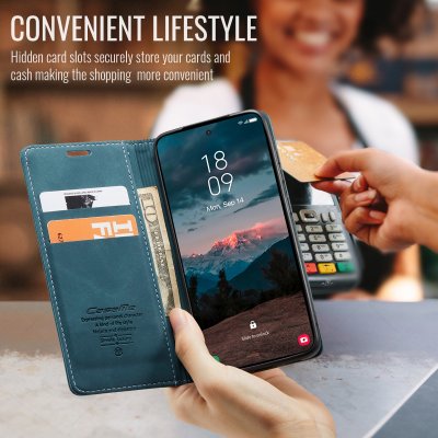 Baksida av Samsung Galaxy S26 med CaseMe Slim plånboksfodral i blått