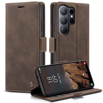 CaseMe Slim plånboksfodral i brun färg till Samsung Galaxy S26 Ultra – fram och baksida