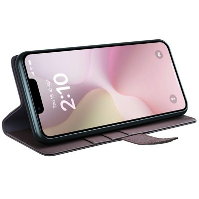 Brunt läderfodral till iPhone 16e – använd som mobilställ