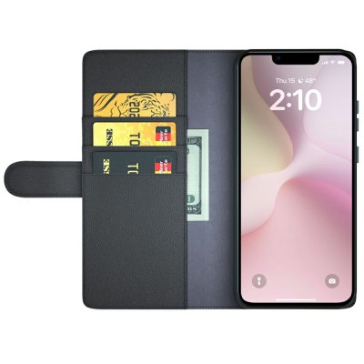 Öppet svart läderfodral för iPhone 17e med kortfack och sedelficka
